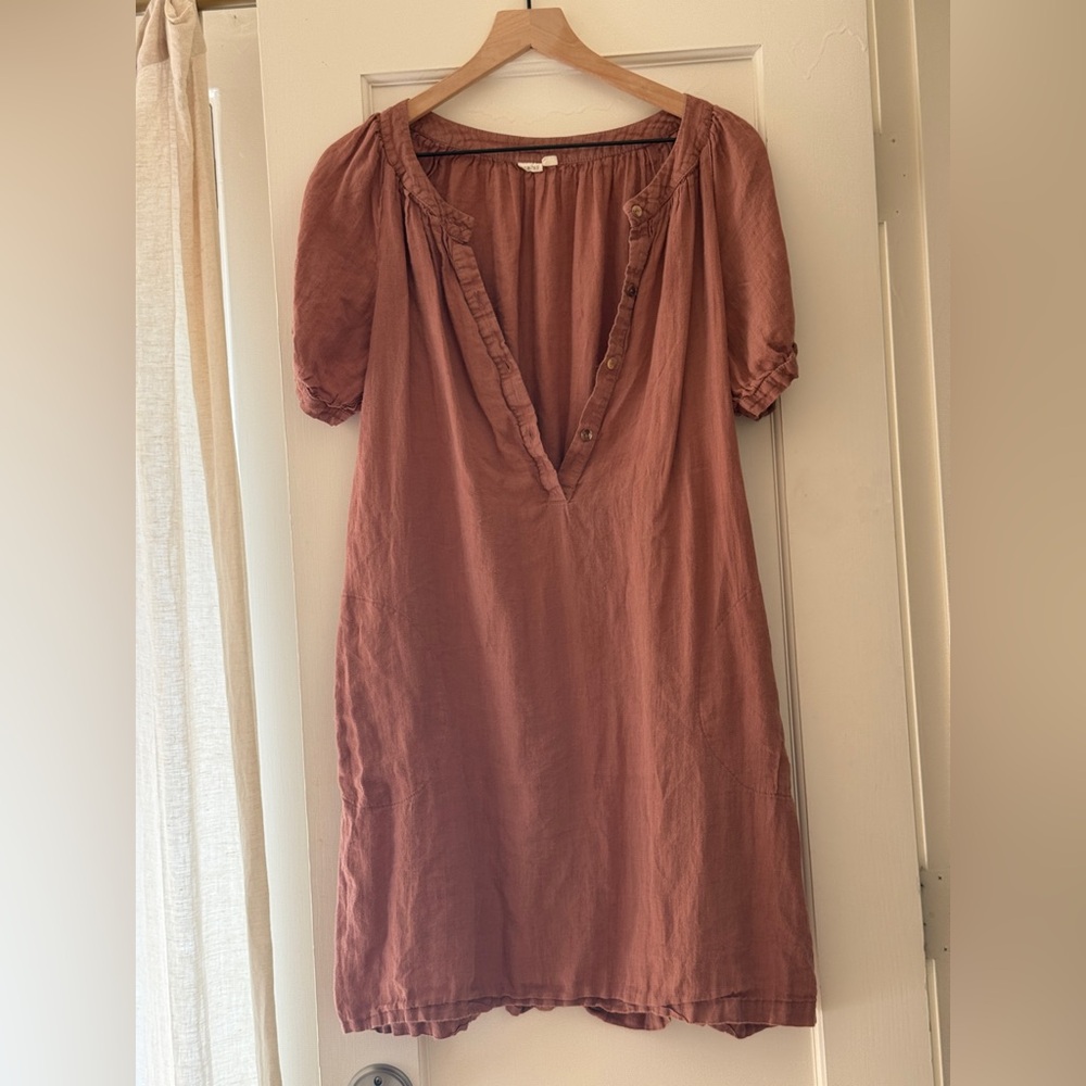Nobonu Polish Linen Short sleeve knee length dress one size in terracotta